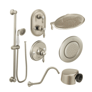 Moen 9” two-Function Rainshower / S1311 Shower Arm & Flange / S113 Weymouth ExactTemp Valve Trim /TS32110 3- Weymouth ExactTemp Volume Control Trim /TS52104 4– One –Function Body Spray Trim / TS1322 Weymouth Eco-Performace Handheld Shower / S12107EP