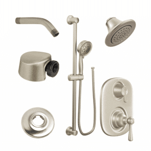 Moen One-Function Showerhead / S6312 Shower Arm / 10154 Shower Flange /AT2199 Kingsley Multi-Function Moentrol Valve / T4111 Four-Function Eco-Performance Handheld Shower 3667EP Drop Ell /A725